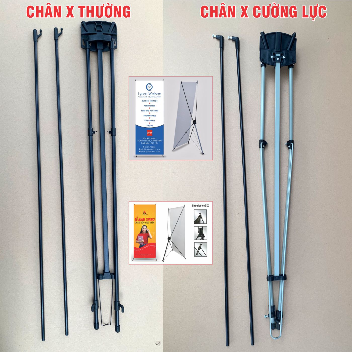 Chân standee X thường và chân standee X cường lực