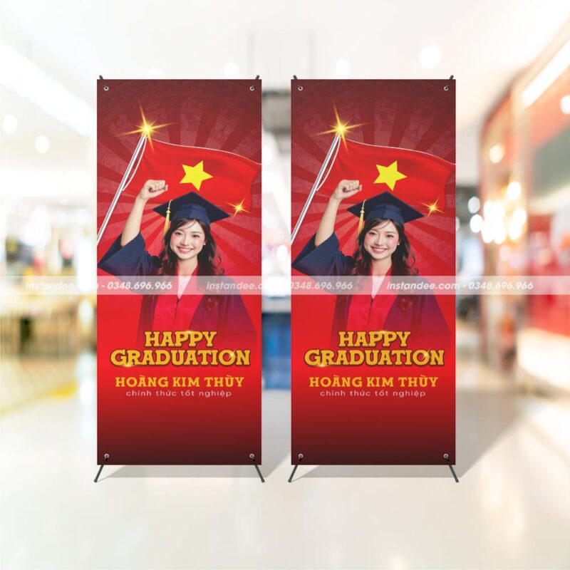 in standee tốt nghiệp chân X 60x160cm happy graduation