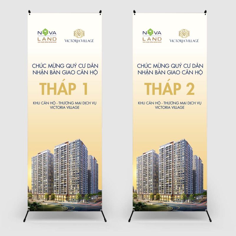 In standee chữ X cho lễ bàn giao căn hộ Victoria Village