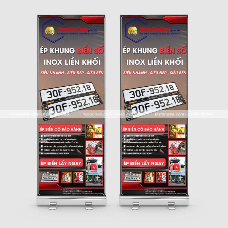 In standee cuốn cho dịch vụ ép khung biển số
