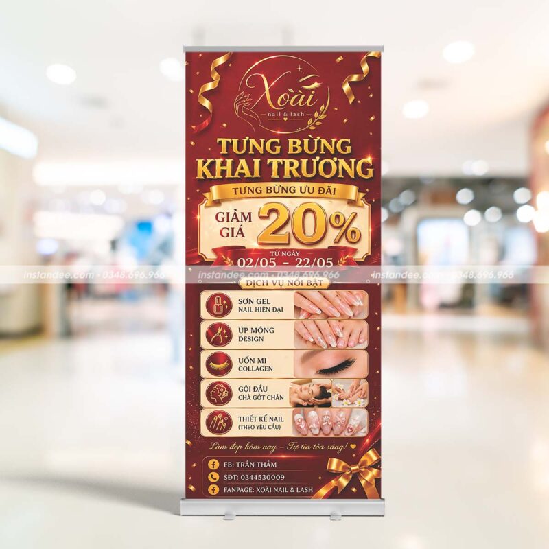 In standee cuốn cho chương trình khai trương tiệm Nail Xoài